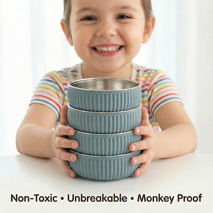 Monkey Proof™ Non-Toxic Stainless Steel Child Bowl 5” with Non-Slip Grooved Silicone Shell, (Set of 4 bowls) Unbreakable, Mess Free Feeding for Babies, Toddlers, Kids, BPA free (Stormy Sky Grooved)