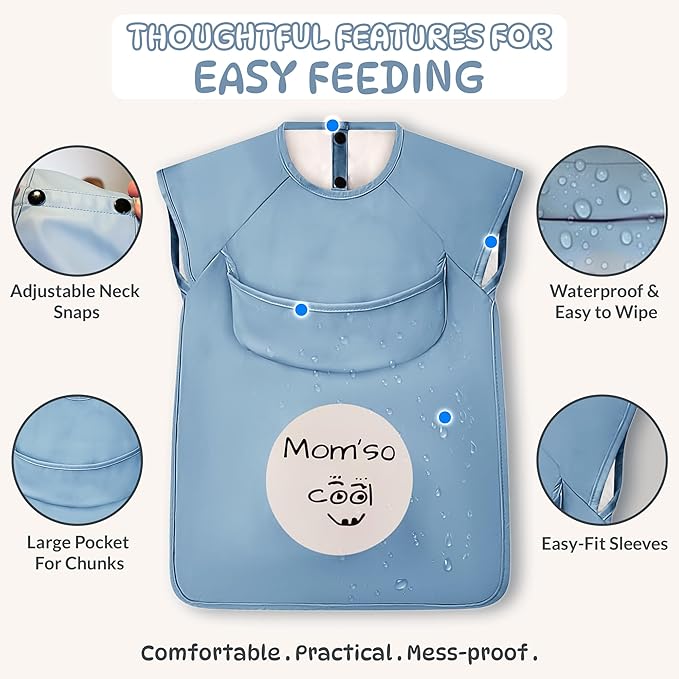 Mom'so cool bib set, Cool baby blue color for both boys & girls, Aged 6-months old and above, Waterproof, Lightweight & Multi-purpose (All-in-one)