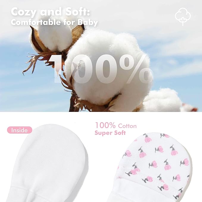 HAPIU Baby No Scratch Mittens Stay On, 100% Cotton Breathable, Adjustable Infant Gloves for Boys Girls, Newborn - 12 M