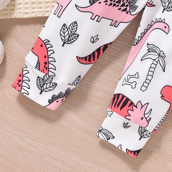 Newborn Infant Baby Girl Dinosaur Outfit Long Sleeve Hoodie Romper Bodysuit and Pants with Headband Set