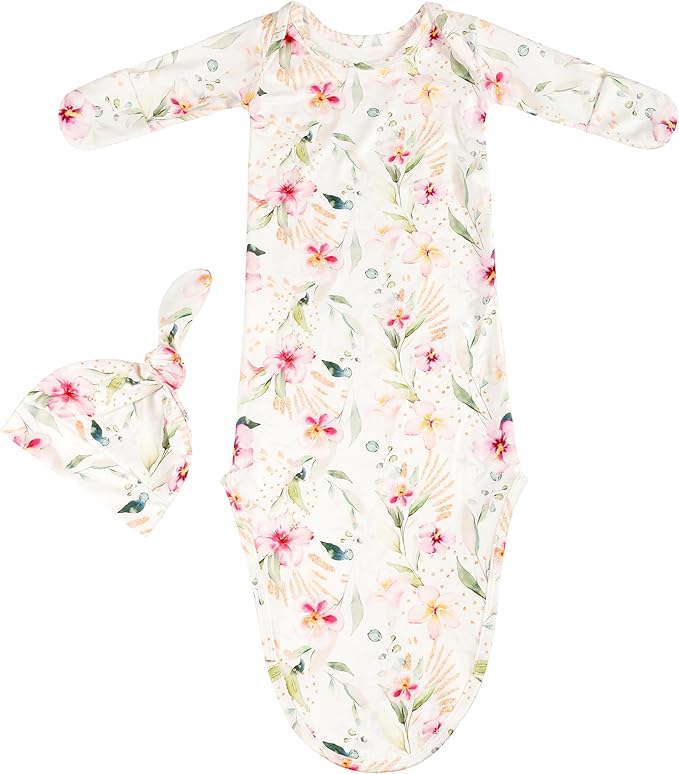 Newborn Baby Sleeper Gown - Knotted Nightgown Coming Home Outfits for Baby Girl - 2-Piece Set With Hat