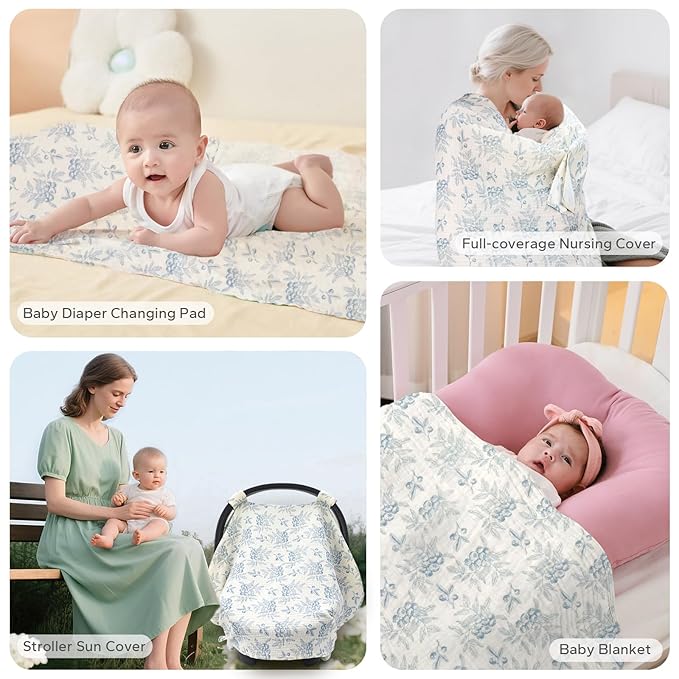 SERAPHY 2-in-1 Muslin Baby Car Seat Cover & Nursing Cover, Soft Lightweight Breastfeeding Cover for Boys and Girls,Breathable Canopy for Infant Carseat & Stroller for Summer—Blueberrie