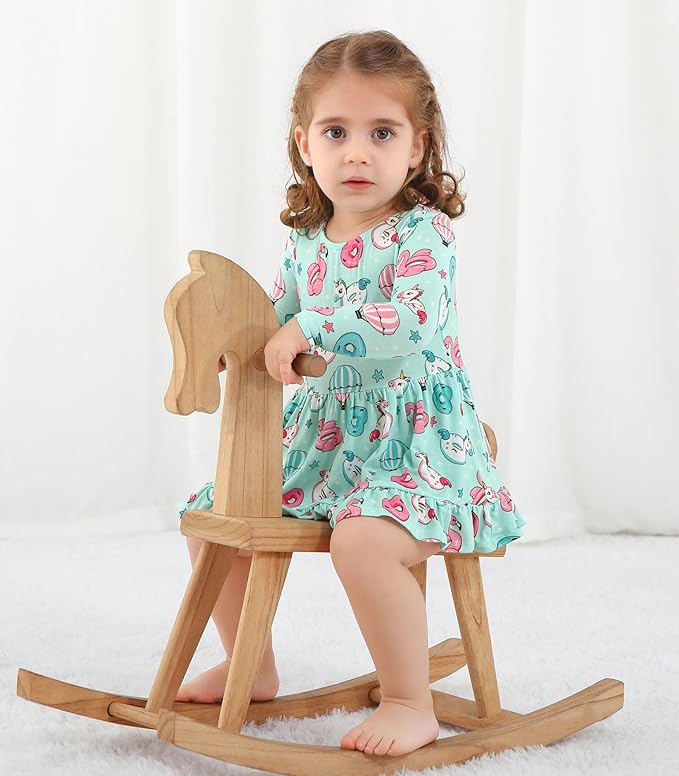 Baby Girl Bodysuit Dress Long Sleeve Twirl Dresses Bamboo Viscose Clothes with Snaps for Easy Diaper Changes