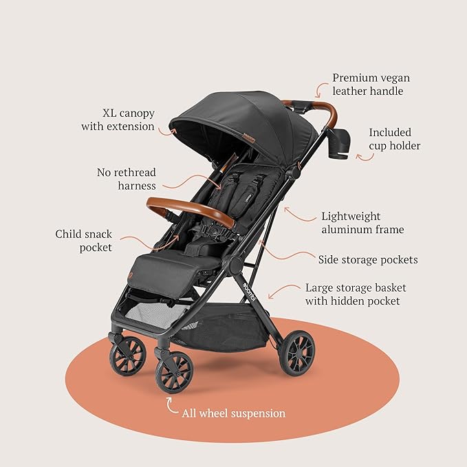 Bombi Bēbee V2 Lightweight Baby Stroller - Premium Vegan Leather, One-Hand Fold, Infinite Recline, Aircraft-Grade Aluminum Frame, XXL Canopy, and Ample Storage Umbrella Stroller - Hickory