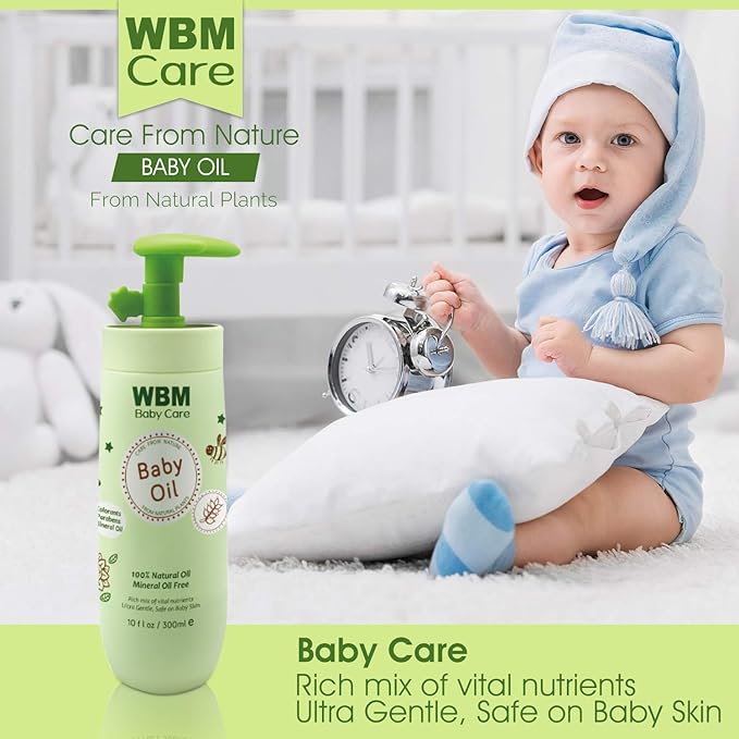 WBM Care Baby Oil | Moisturizing Baby Massage Oil | Mineral Oil-Free with 100% Natural Ingredients and Vitamin E | 10 oz for gentle care and nourishment