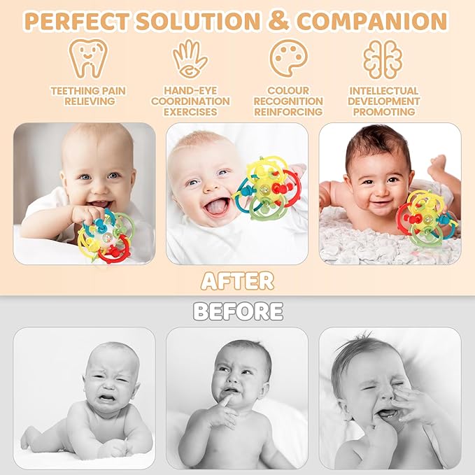 Orzbow Rattle & Sensory Teething Toys for Baby, Montessori Teethers Toys for Babies 3-12 Months, Infant Teething Relief Chew Toys, Stimulating Little Minds & Hands with Educational Toys for Toddlers