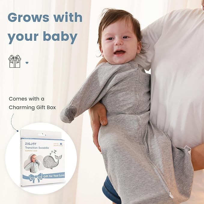 ZIGJOY Baby Transitional Swaddles for Newborns: 0.5 Tog Arms Up Sleep Sack 3-6-12 Months Soft Cotton Shark Fin 2 Way Zipper