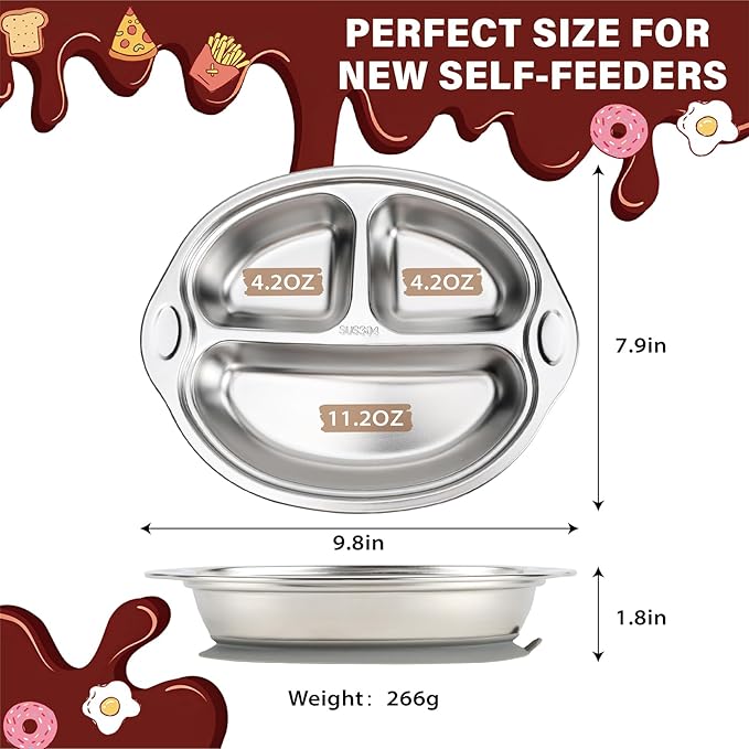 MR. CHOU Stainless Steel Baby Suction Plate, Divided Plates for Babies & Toddlers, 100% Food Grade Kids Plates for Baby Led Weaning, BPA Free Toddler Feeding Supplies, Dishwasher Safe, Gray