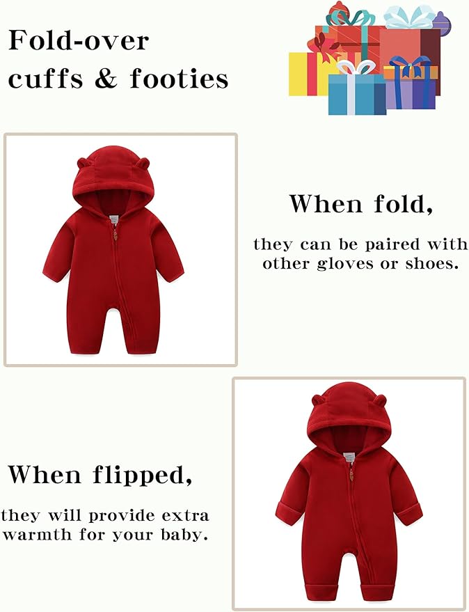 Newborn Baby Bear Onesie Winter Snowsuit With Fold-over Mittens & Footies Zip Up Baby Fleece Jumpsuit 0-18M