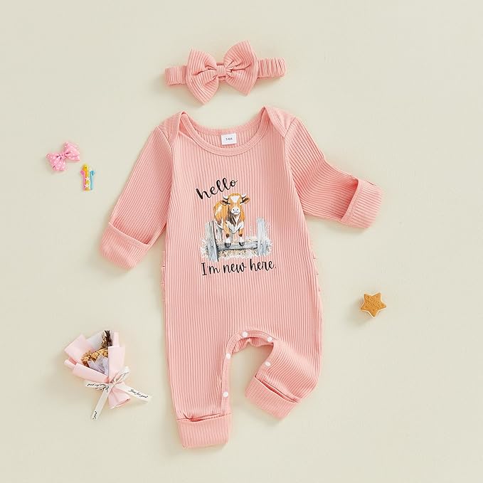WZTYYDS Newborn Baby Girl Clothes Ribbed Romper Print Long Sleeve Jumpsuits Bow Headband Set Infant One-piece Outfits