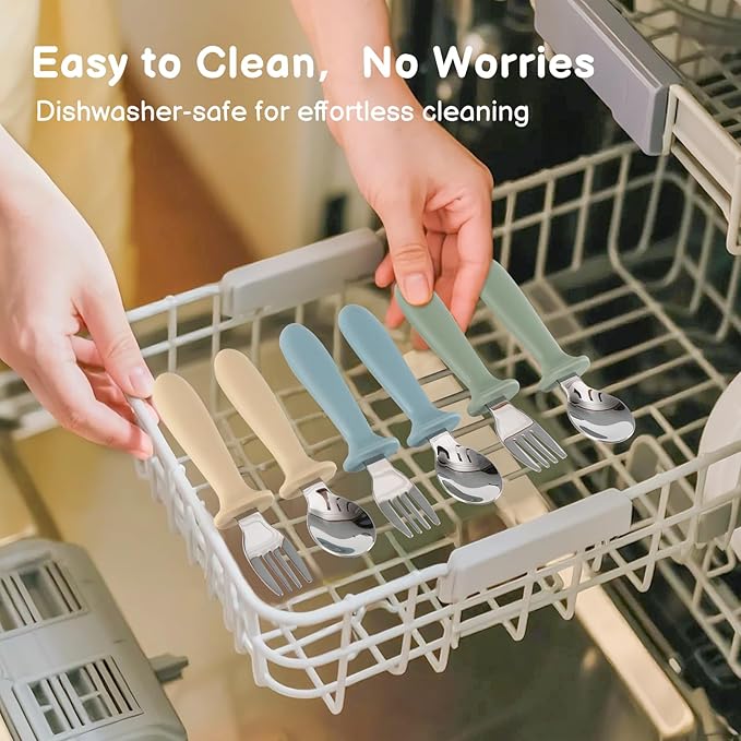 Toddler Utensils, 6 Pack kids Silverware Set with Silicone Handle, 18/8 Stainless Steel Children Safe Forks and Spoons, Dishwasher Safe