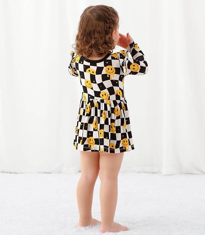 Baby Girl Bodysuit Dress- Viscose Made from Bamboo, Long Sleeve Flutter Skater Dress with Bodysuit Infant Outfit