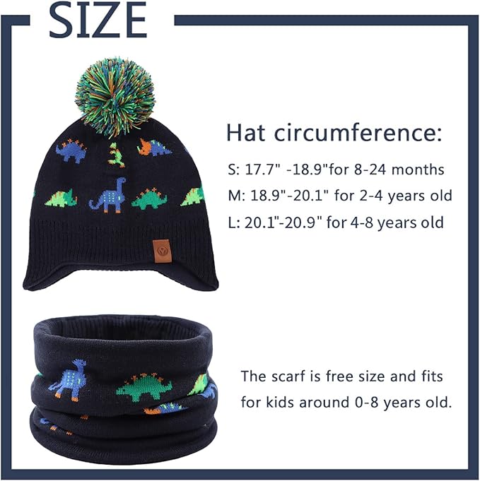 JANGANNSA Knitted Baby Hat Scarf Set Winter Warm Boys Girls Beanie Fleece Lining Toddler Kids Hats with Pompom