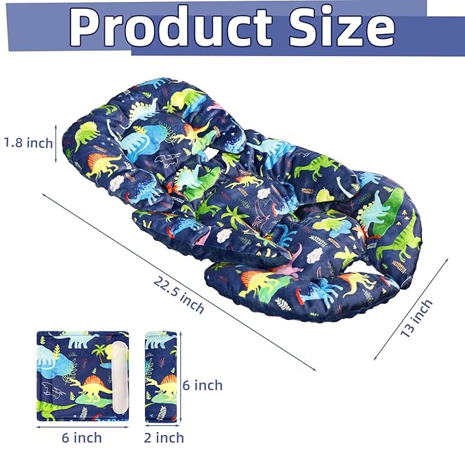Infant Car Seat Insert Cushion, Baby Car Seat Head Body Support for Girls & Boys, Reversible Newborn Car Seat Insert with 2 Extra Strap Paddings, Premature Car Seat Cushion, Dinosaur