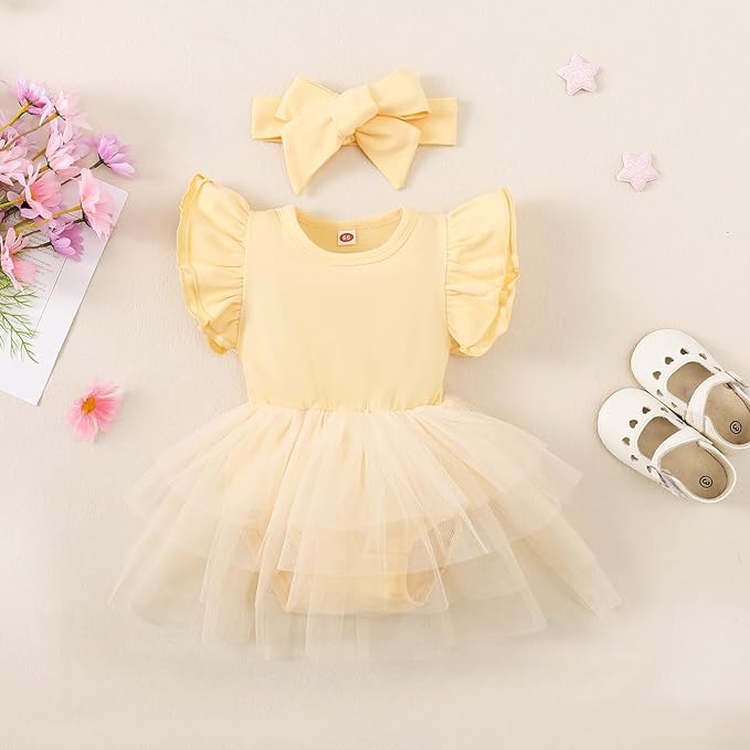 Baby Girl Clothes Infant Ruffle Sleeve Romper Dress Newborn Solid Tutu Skirt Sets Jumpsuit Headband Outfit