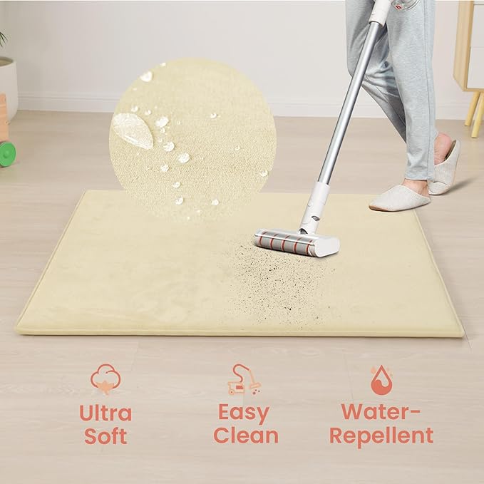 Baby Play Mat for Floor,1.3" Thick Elasti-Foam 50"×50" Playpen Mat for Tummy Time,Water Repellent Soft Coral Velvet for Toddler,Infant,Kids,Non-Slip Backing Safe for Crawling(Vanilla)