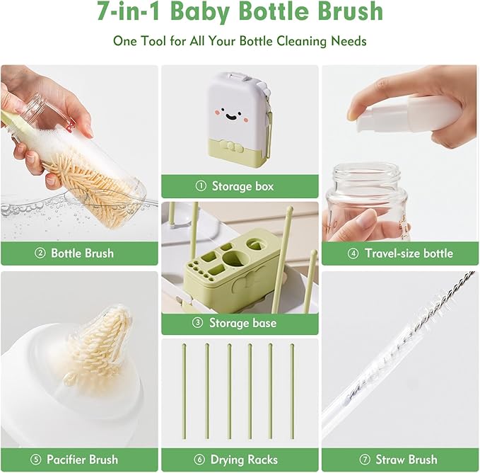 Baby Bottle Brush Set - Baby Bottle Cleaner Kit with Nipple Brush, Silicone Bottle Brush, Straw Cleaner Brush, Soap Dispenser, Bottle Drying Rack - 7 in 1 Bottle Cleaning Tool Set for Home and Travel