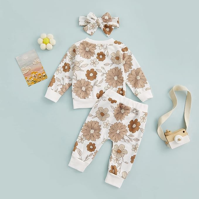 3Pcs Baby Girl Outfits Daisy Sweatshirt + Pants + Headband Infant Fall Winter Clothes