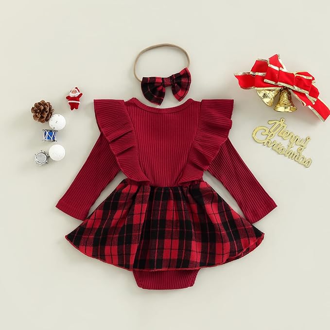 Hnyenmcko Newborn Baby Girl Christmas Clothes Infant Red Plaid Romper Dress Ruffle Long Sleeve Ribbed Bodysuit Headband Set