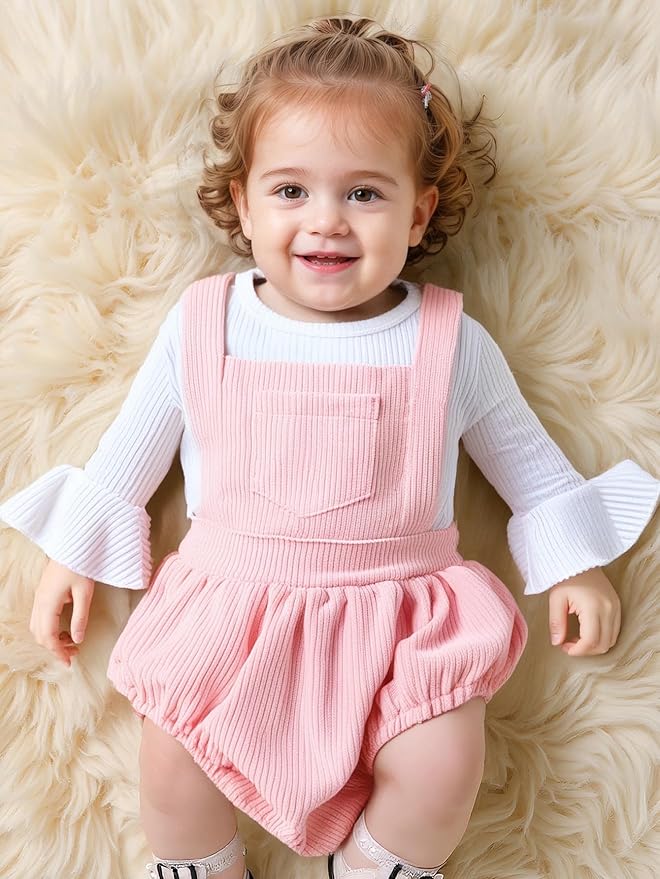 Tiny Cutey Newborn Baby Girl Clothes Bell Sleeve Romper and Corduroy Overalls Shorts Infant Girl Fall Outfits