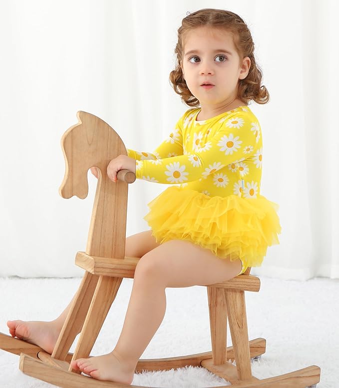 Baby Girl Bodysuit Dress- Viscose Made from Bamboo, Long Sleeve Flutter Skater Dress with Bodysuit Infant Outfit