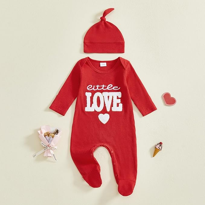 Baby Valentines Outfit Girl Boys Long Sleeve Footie Rib Onesie knot Hat Spring Clothes Newborn Outfits Infant Set