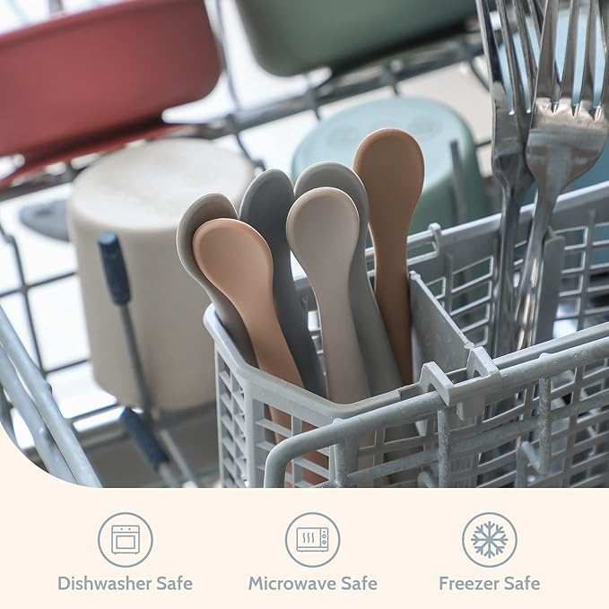 Silicone Baby Feeding Spoons, First Stage Baby Infant Spoons, Soft-Tip Easy on Gums I Training Spoon Self Feeding, Dishwasher & Boil-proof, 6 Pack