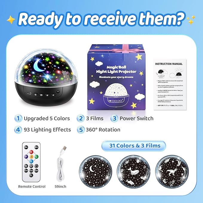 COOLNIGHT Night Light for Kids,93 Lighting+3 Films Kids Night Light Projector,Remote+Dimmable Star Projector,360° Ceiling Stars Glow in The Dark Stars,Christmas Gifts for 4 Year Old Boy Birthday Gift