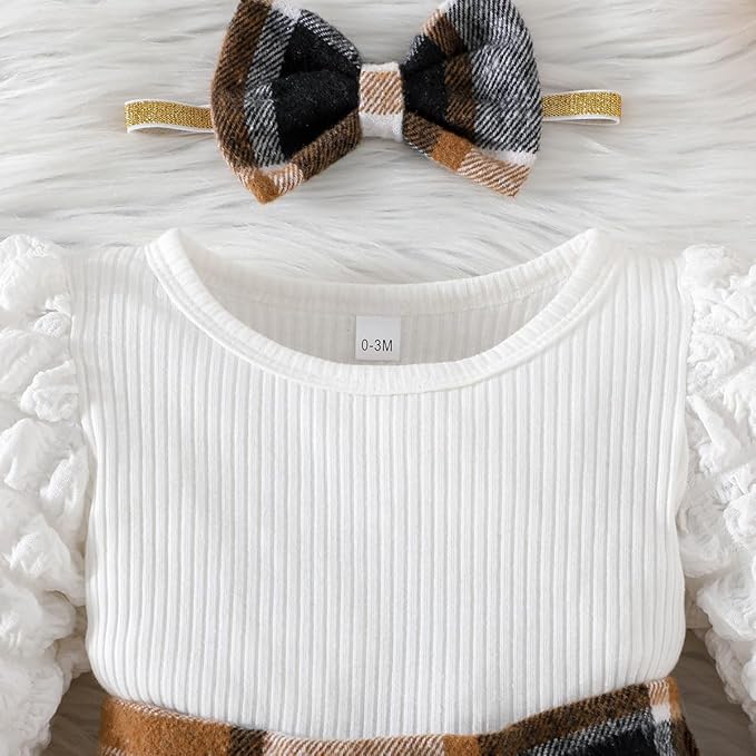 Toddler Baby Girl Plaid Dress Puff Sleeve Bow Patchwork Ribbed Shirts Dress Plaid Fall Winter Outfits with Headband