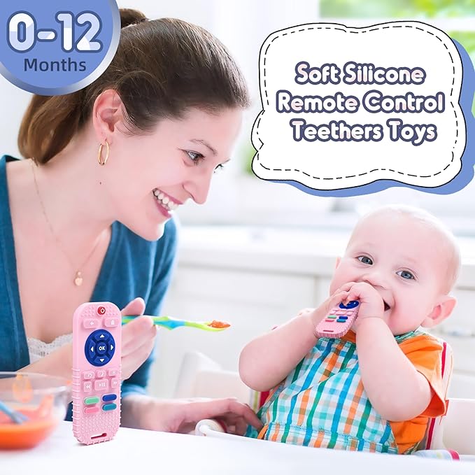 AiTuiTui Baby Teething Relief Sensory Chew Toys for 3 6 9 12 Months, Silicone Infant Teether Remote Control Bath Toy for Newborn Toddlers Boy Girl Autism Baby Shower Birthday Gifts, Dark Pink