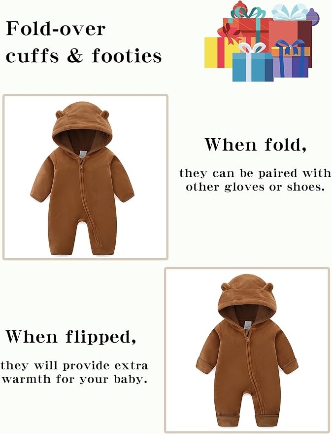 Newborn Baby Bear Onesie Winter Snowsuit With Fold-over Mittens & Footies Zip Up Baby Fleece Jumpsuit 0-18M
