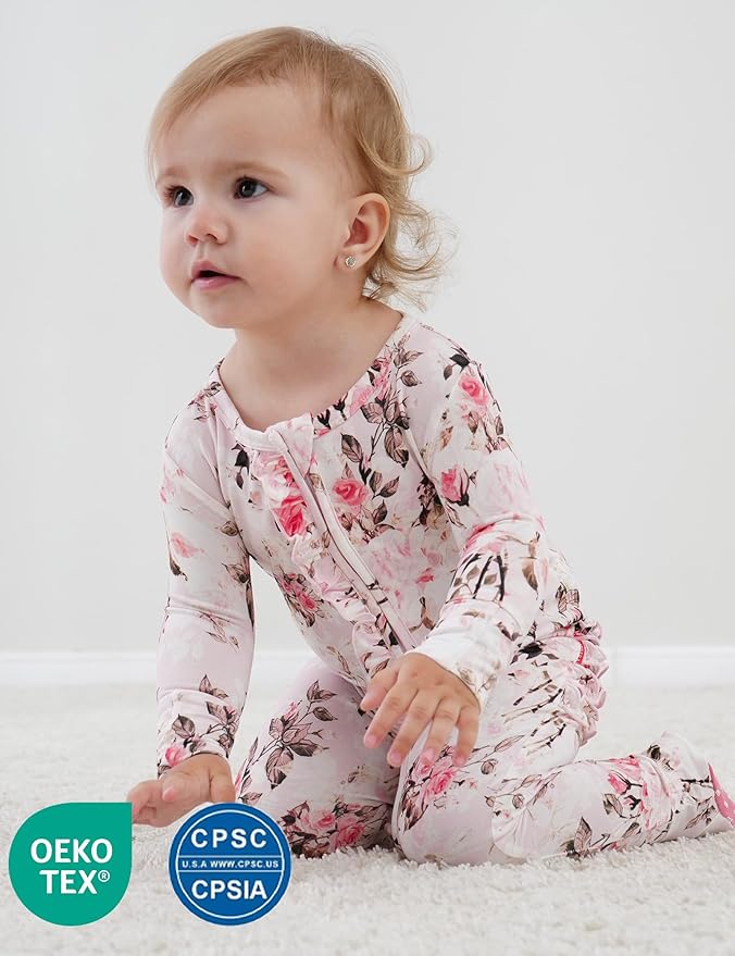 Bamboo Viscose Baby Girl Footie Pajamas, Newborn Sleepers Infant Onesie, 2-Way Zipper Footed Pjs