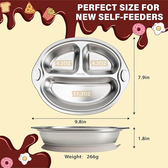MR. CHOU Baby Plates with Suction - Stainless Steel Divided Toddler Plates, Compartment Suction Plate for High Chair, Baby Led Weaning & Self Feeding, Dishwasher Safe, BPA Free (Beige)