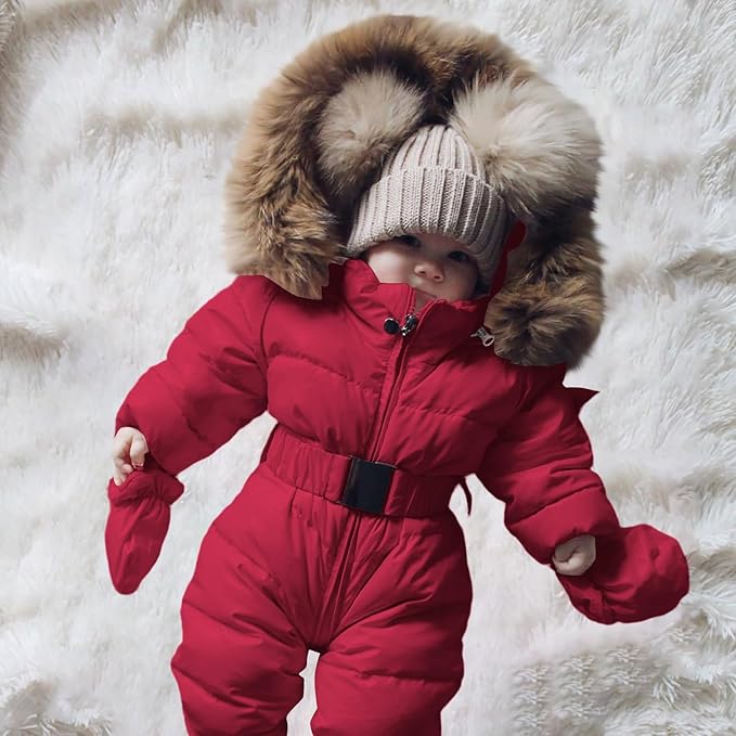 Baby Snowsuit Newborn Winter Heavyweight Water-Resistant Thickened Warm Ski Jacket Cozy Outdoor Hooded One Piece Suit