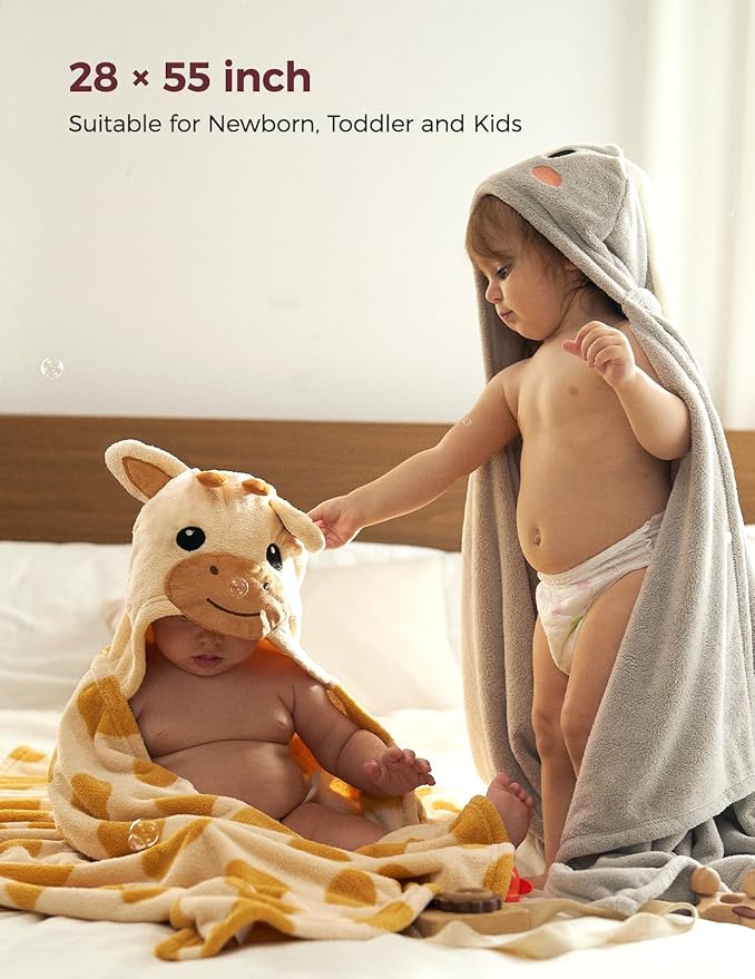 Momcozy Baby Bath Towels with Visualize Health Label - Ultra Soft & Absorbent Coral Fleece Hooded Towels for Newborn, Infant, Toddler (0-36 Months) Bath Essentials (Large Size,2 Pack)