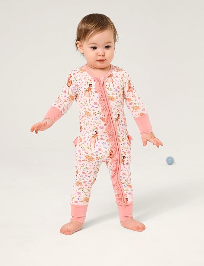 Bamboo Viscose Baby Girl Footless Pajamas Ruffled Baby Sleepers with 2 Way Zipper