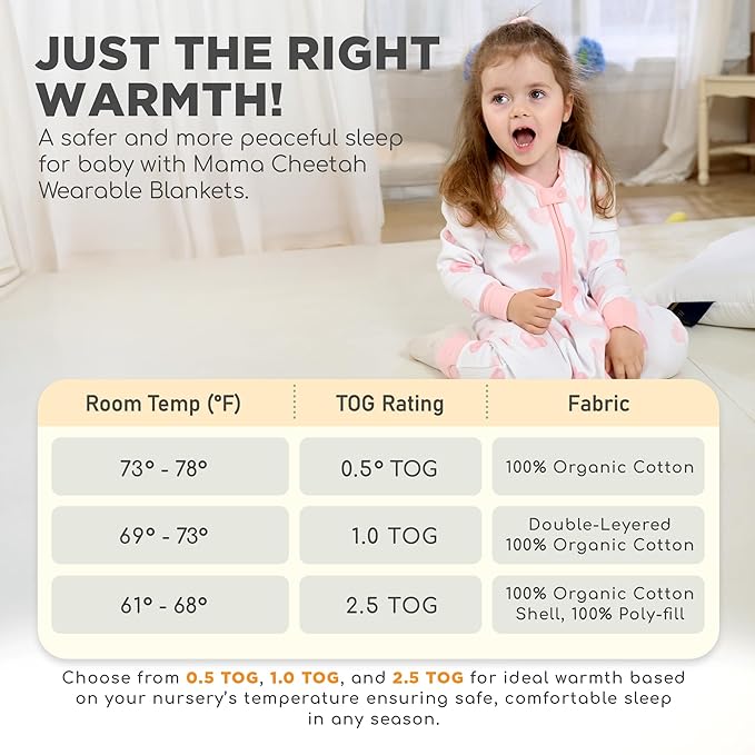Mama Cheetah Toddler Sleep Sack with Feet, Long Sleeve 0.5 TOG Organic Cotton Baby Sleeping Bag with Legs, Wearable Blanket for Walkers w/ 2-Way Zipper, Toddler Blanket for Girls & Boys 2T