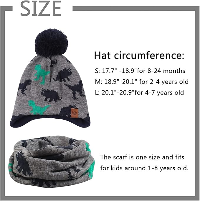 JANGANNSA Knitted Baby Hat Scarf Set Winter Warm Boys Girls Beanie Fleece Lining Toddler Kids Hats with Pompom