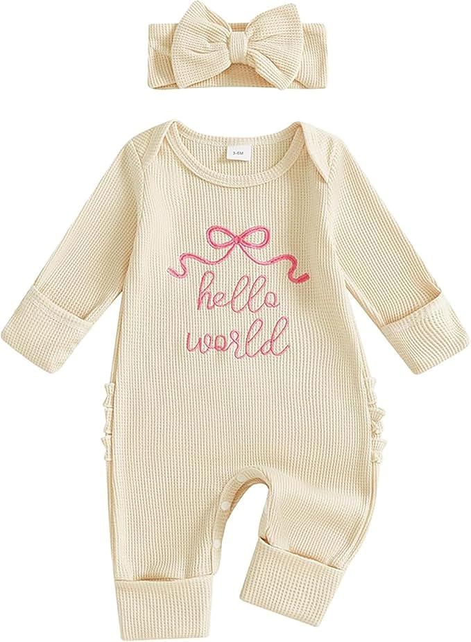 Newborn Baby Girl Clothes Long Sleeve Crew Neck Letter Embroidery One Piece Romper Jumpsuit Infant Fall Winter Outfit