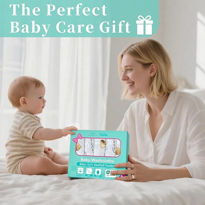 VOOVA & MOVAS 6 Pack 100% Muslin Cotton Baby Washcloths with Handing Loop | 13x13 Inches | Highly Absorbent | Ultra-Soft Newborn Burp Cloths | Perfect Set |Golden Love & Grapheme Love Patten