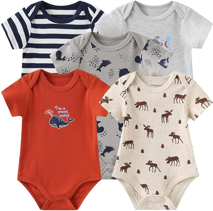 Kiddiezoom Newborn Baby Unisex Cotton One-Piece Bodysuits Baby Gift 5-Pack Baby Clothes
