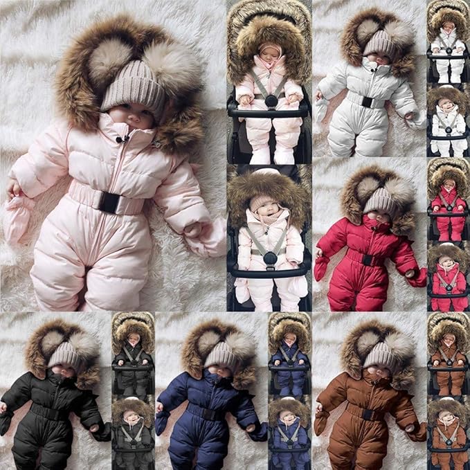 Baby Boys Girls One-Piece Snowsuit Winter Padded Coat Hooded Ski Suit Full Zip Insulated Jacket Jumpsuit Ski Clothes