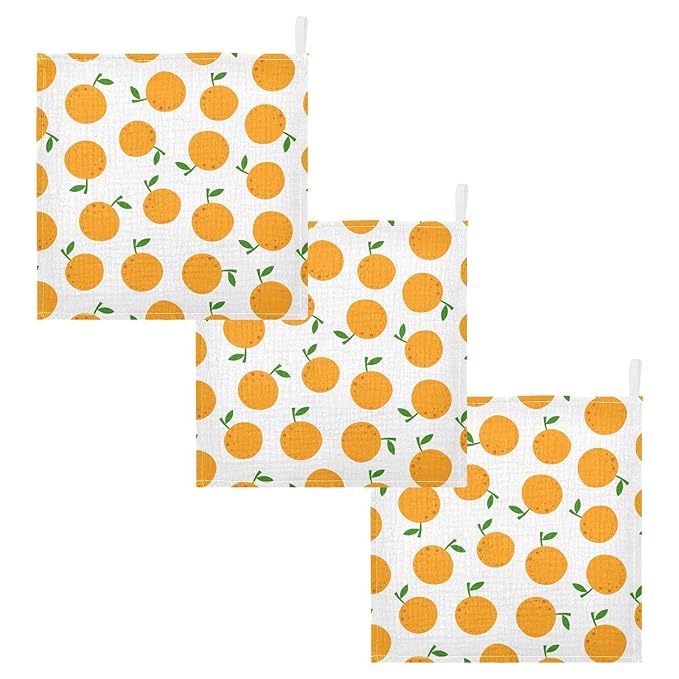 vvfelixl Baby Washcloths Cotton Cartoon Oranges Baby Muslin Washcloths Soft Baby Face Towel for Newborn Infants Baby Wipes, 11.8 X 11.8 Inch, 3 Pack White