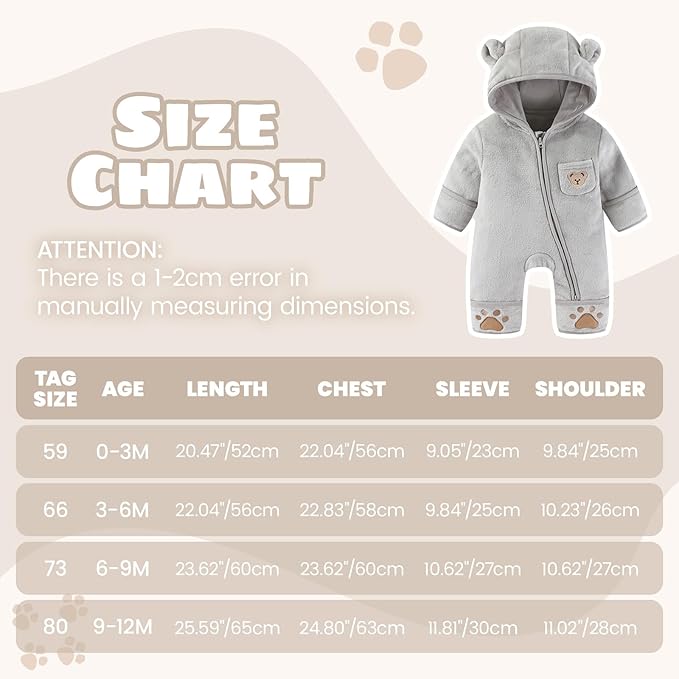 JiAmy Baby Snowsuit Newborn Fleece Winter Clothes With Flod-Over Zipper Baby Bear Hooded Thick Outfits