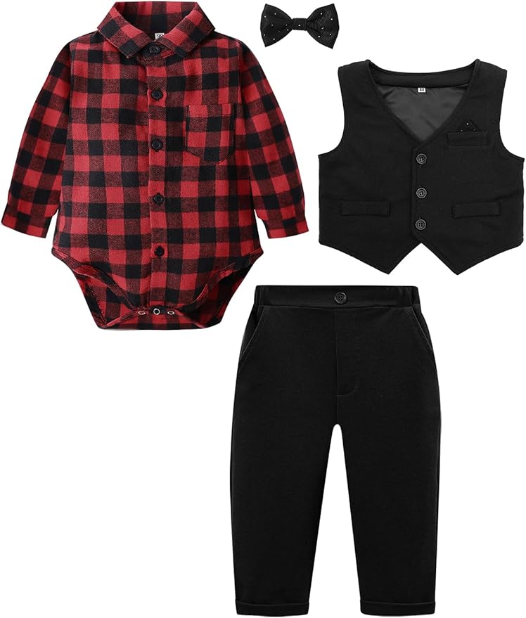 A&J DESIGN Baby Boy Suits Clothes Infant Toddler Formal Gentleman Outfits, Dress Shirt + Vest + Bow Tie + Pants Wedding Set