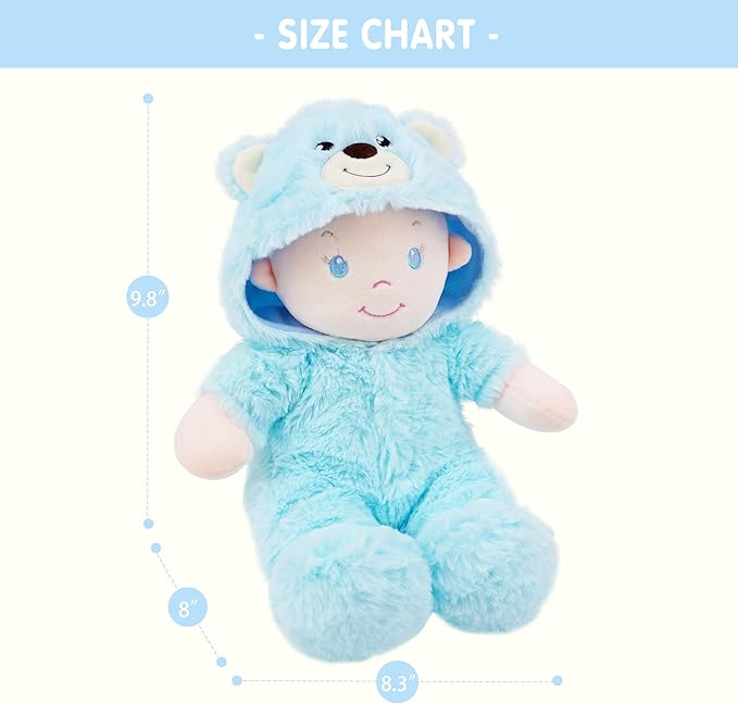 June Garden 12" Sweet Dolly Fuzzy - Stuffed Ultra Soft Baby Bear Doll for Birth and Up - Removable Blue Outfit