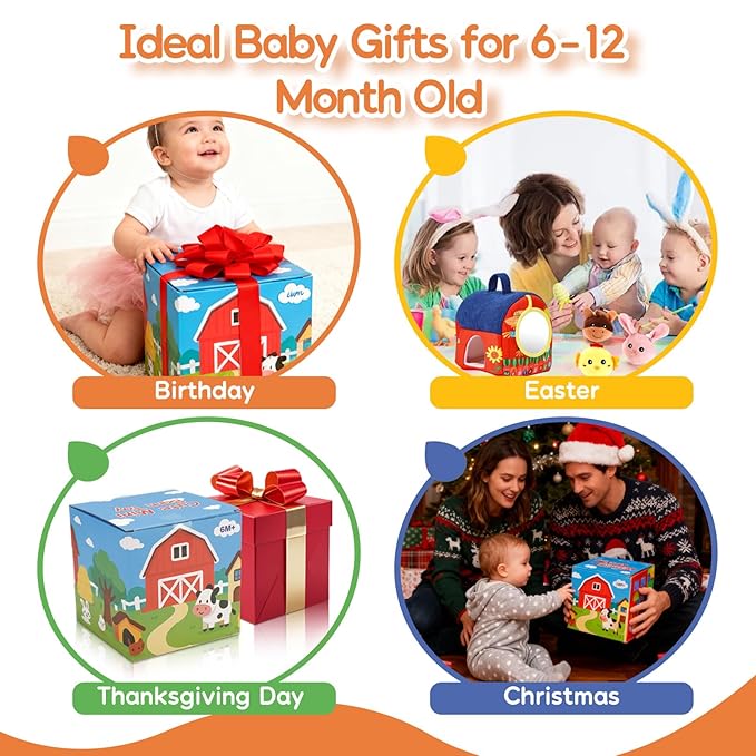 Baby Toys 6-12 Months, Soft Barn Montessori Sensory Infant Toy for 6 7 8 9 10 Month Old, 1st Birthday Baby Gifts for 1 Year Old Boy Girl, Stuffed Farm Animals, Rattle Squeaky Crinkle Sound & Mirror