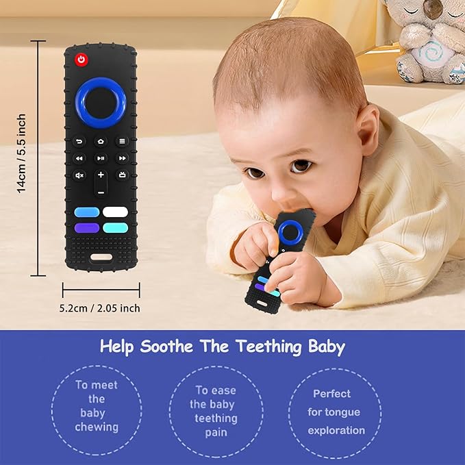 Baby Teething Toys, Soft Silicone Teethers for Babies 3 6 12 18 Months, Fire Stick TV Remote Control Shape Infant Chew Toys for Boys and Girls, Baby Teething Relief, BPA Free (FTV-Black)