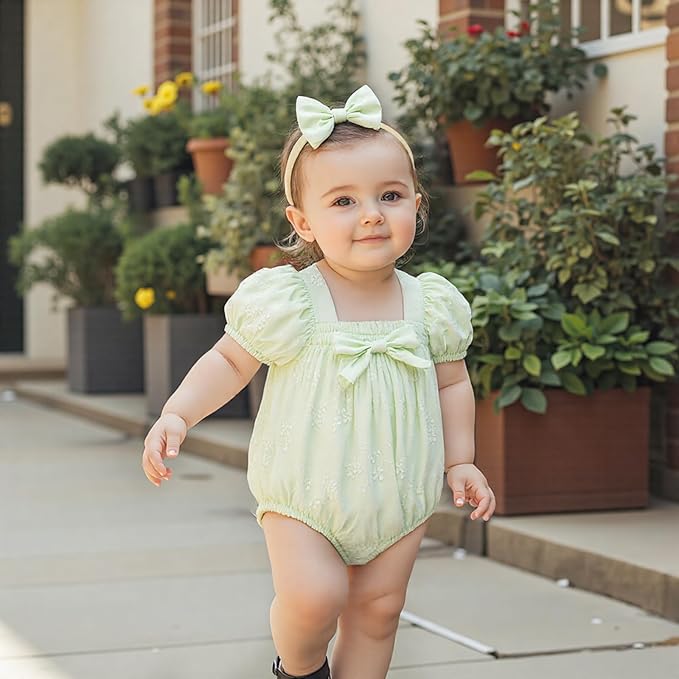 Newborn Infant Smocked Baby Girl Clothes Plaid Bubble Romper Long Leg Bodysuit Bow One-Piece Jumpsuit