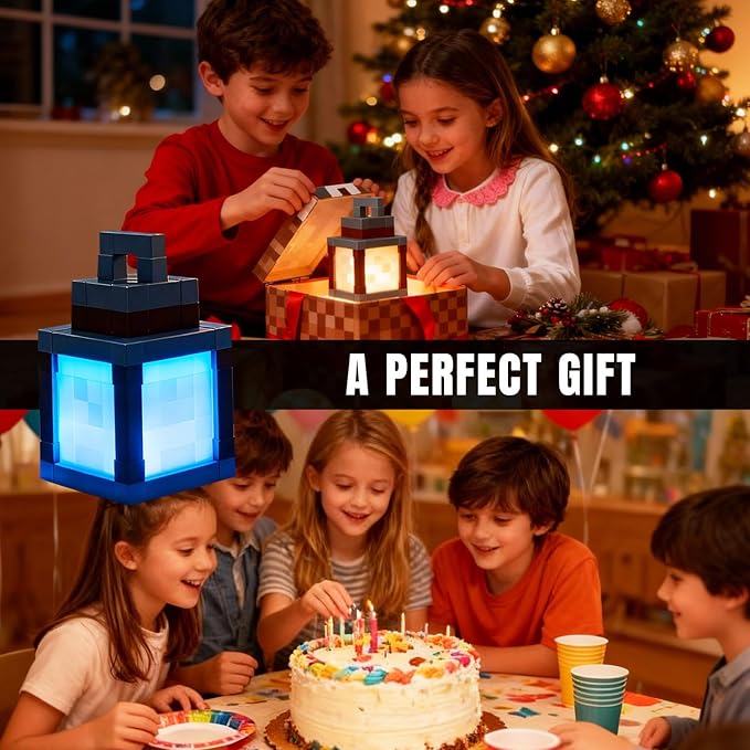 Pixelated Lantern Night Light, 16 Color LED Wall Night Light with Remote Control - Rechargeable Retro Pixel Style Table Lamp for Game Room Kids Room Decor and Children's Gifts